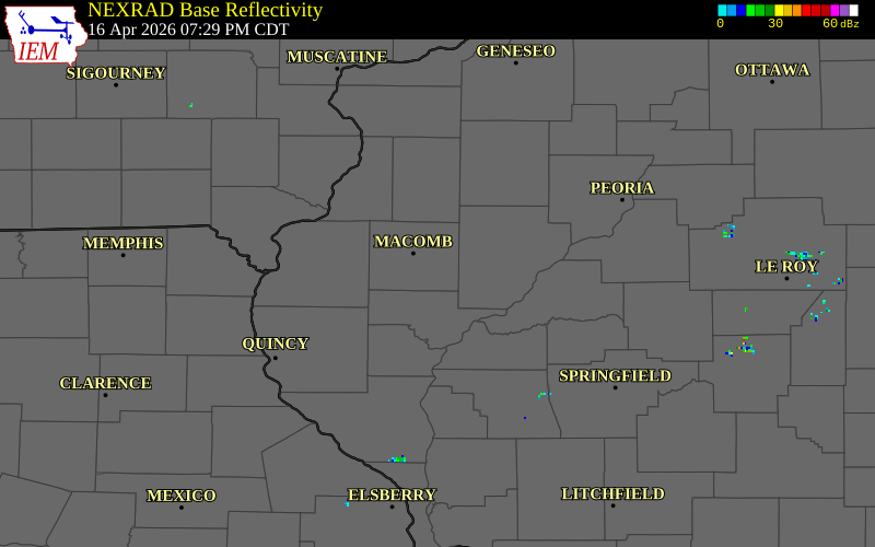 NEXRAD radar during the Thursday, April 16, 2026 storm activity in McDonough County, Illinois