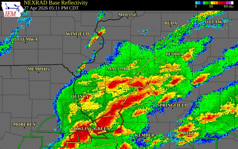 NEXRAD radar during the Monday, April 27, 2026 storm activity in McDonough County, Illinois