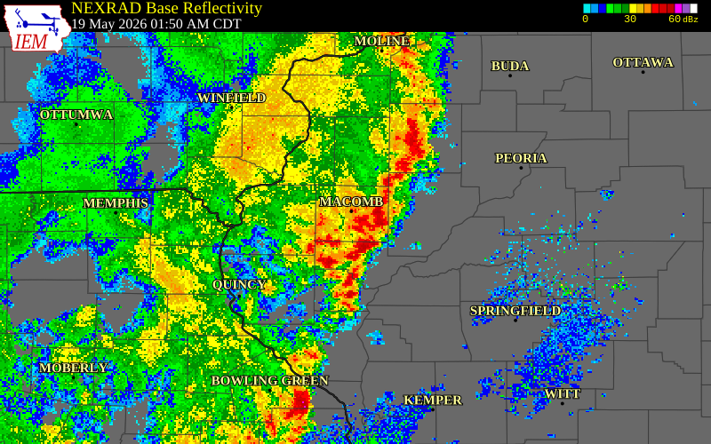 NEXRAD radar during the Tuesday, May 19, 2026 storm activity in McDonough County, Illinois