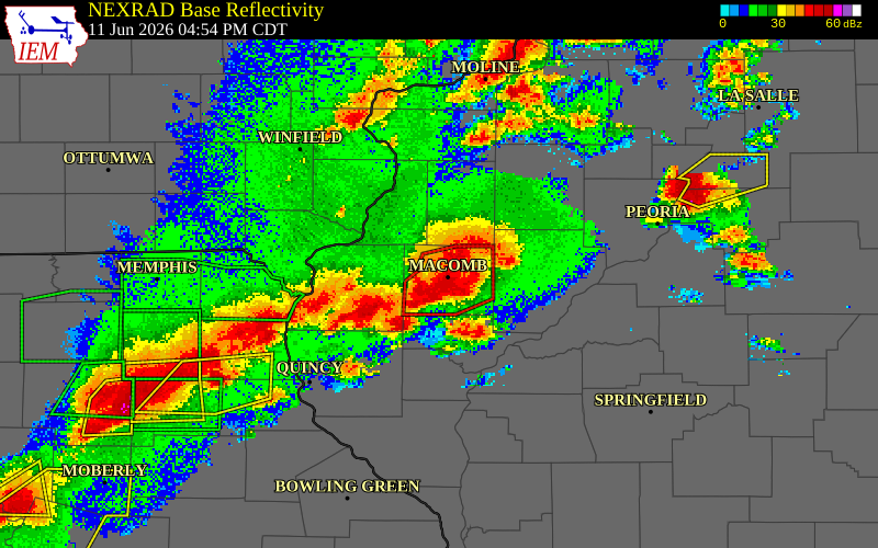 NEXRAD radar during the Thursday, June 11, 2026 storm activity in McDonough County, Illinois