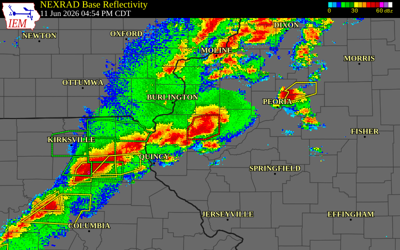 Radar snapshot during the Jun 11, 2026 tornado event near 3 WNW Macomb, McDonough County, Illinois, with NWS warning polygons