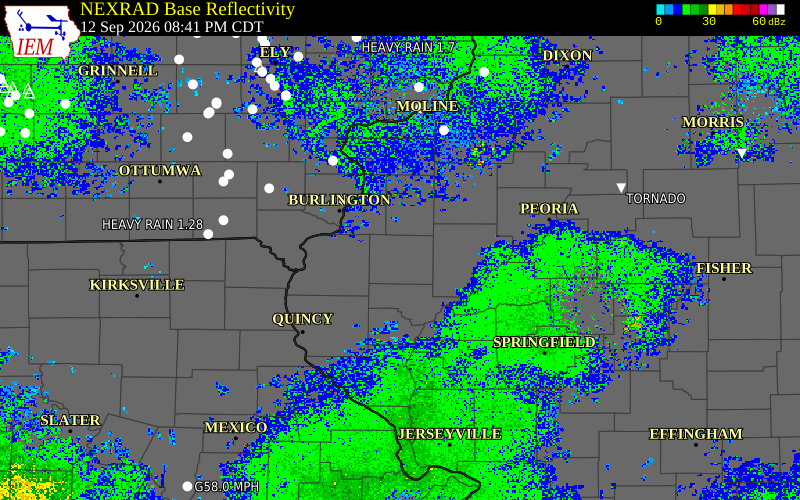 Current NEXRAD radar over McDonough County, Illinois with recent storm report locations
