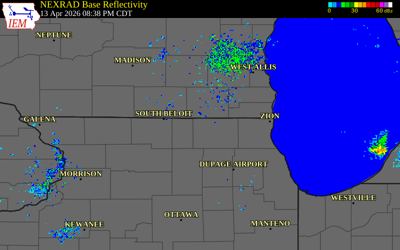 NEXRAD radar during the Monday, April 13, 2026 storm activity in McHenry County, Illinois
