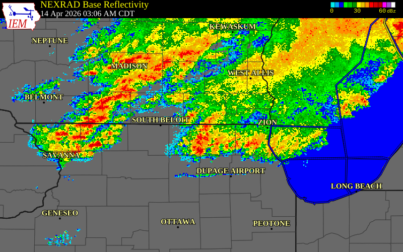 NEXRAD radar during the Tuesday, April 14, 2026 storm activity in McHenry County, Illinois