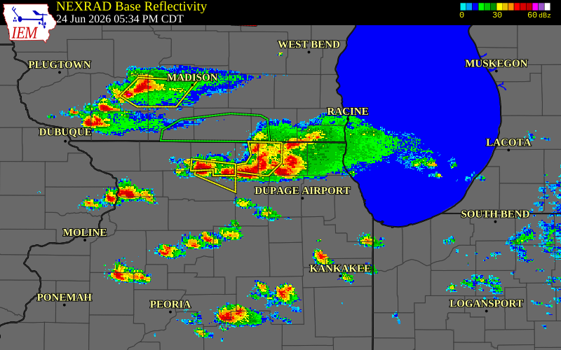 Radar snapshot during the Jun 24, 2026 tornado event near 3 WSW Huntley, McHenry County, Illinois, with NWS warning polygons
