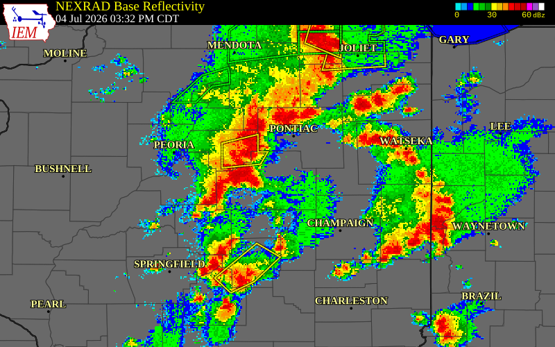NEXRAD radar during the Saturday, July 4, 2026 storm activity in McLean County, Illinois