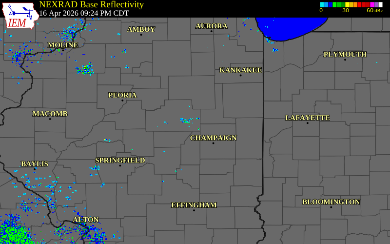 Radar snapshot during the Apr 16, 2026 tornado event near 1 W Saybrook, McLean County, Illinois, with NWS warning polygons