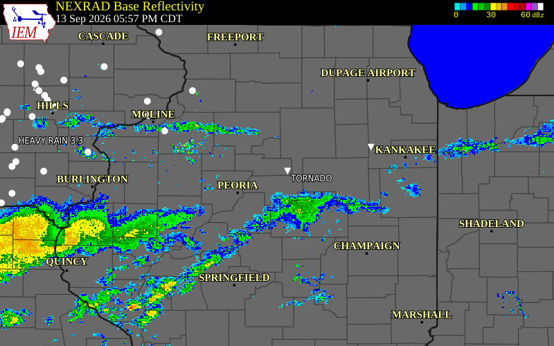 Current NEXRAD radar over McLean County, Illinois with recent storm report locations