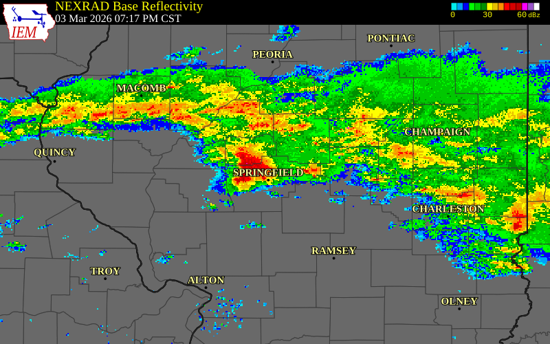 NEXRAD radar during the Tuesday, March 3, 2026 storm activity in Menard County, Illinois