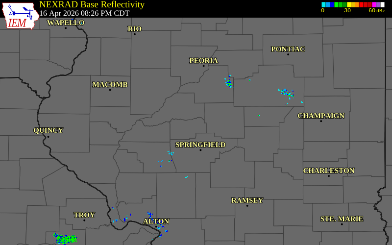 NEXRAD radar during the Thursday, April 16, 2026 storm activity in Menard County, Illinois