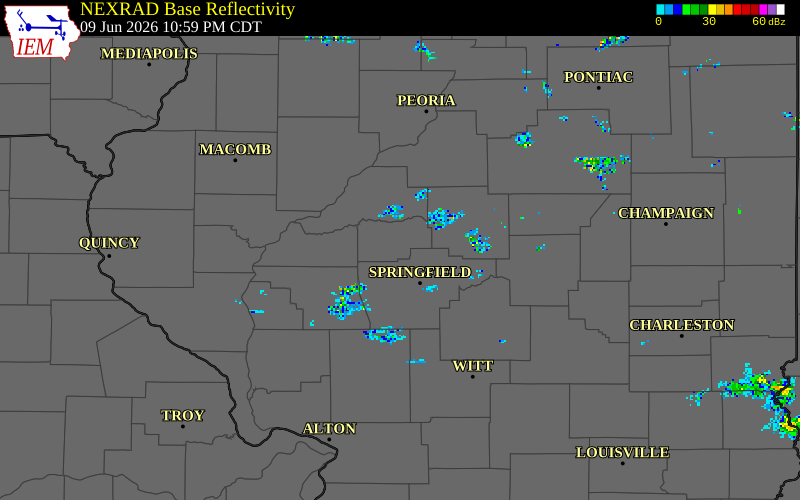 NEXRAD radar during the Tuesday, June 9, 2026 storm activity in Menard County, Illinois