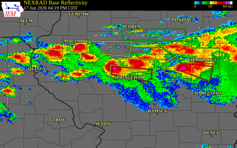 NEXRAD radar during the Wednesday, June 17, 2026 storm activity in Menard County, Illinois