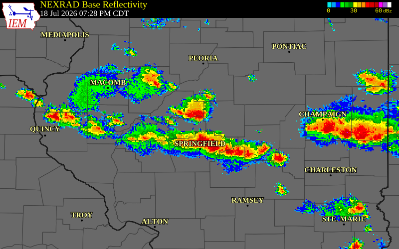 NEXRAD radar during the Saturday, July 18, 2026 storm activity in Menard County, Illinois
