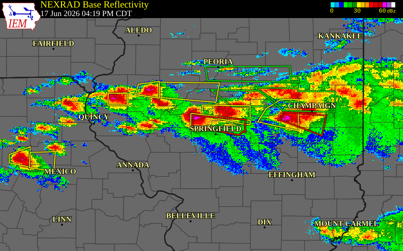 Radar snapshot during the Jun 17, 2026 tornado event near 3 WNW Salisbury, Menard County, Illinois, with NWS warning polygons