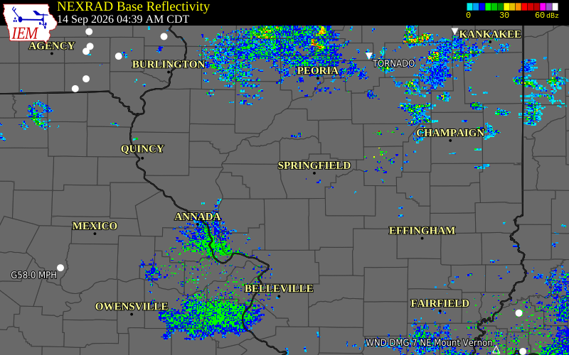 Current NEXRAD radar over Menard County, Illinois with recent storm report locations