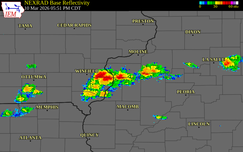 NEXRAD radar during the Tuesday, March 10, 2026 storm activity in Mercer County, Illinois