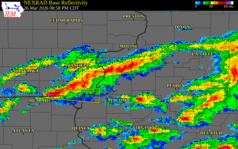 NEXRAD radar during the Thursday, March 26, 2026 storm activity in Mercer County, Illinois