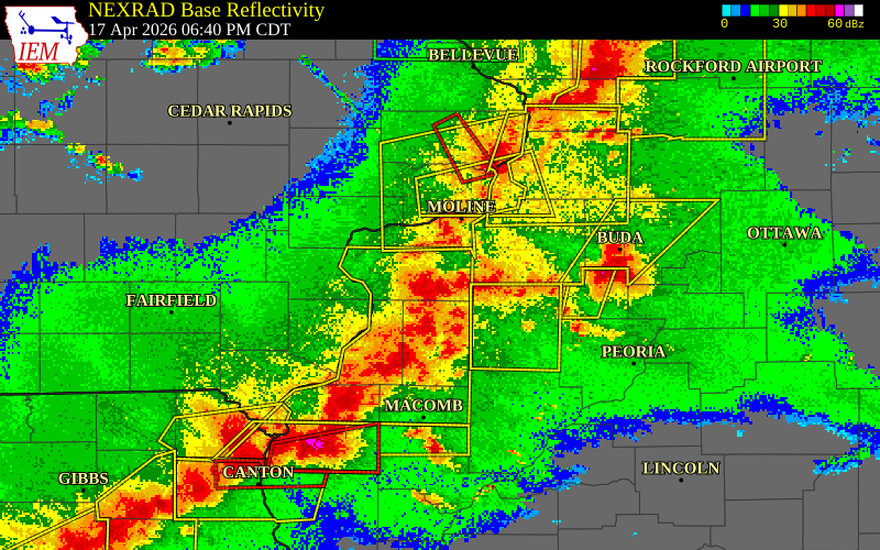 NEXRAD radar during the Friday, April 17, 2026 storm activity in Mercer County, Illinois