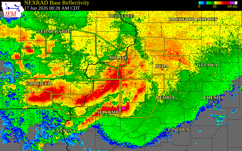 NEXRAD radar during the Wednesday, June 17, 2026 storm activity in Mercer County, Illinois