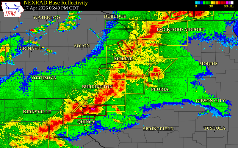 Radar snapshot during the Apr 17, 2026 tornado event near 1 SW Viola, Mercer County, Illinois, with NWS warning polygons