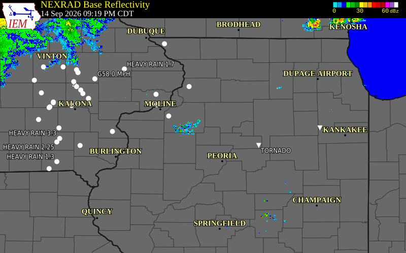 Current NEXRAD radar over Mercer County, Illinois with recent storm report locations