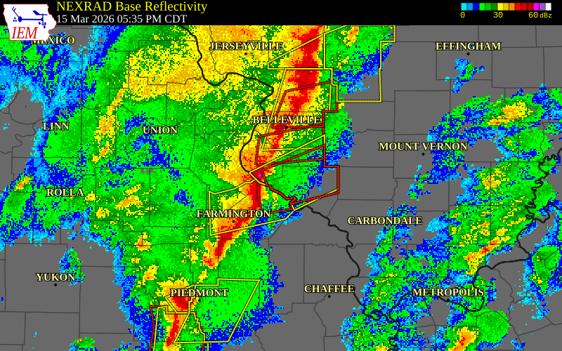 NEXRAD radar during the Sunday, March 15, 2026 storm activity in Monroe County, Illinois