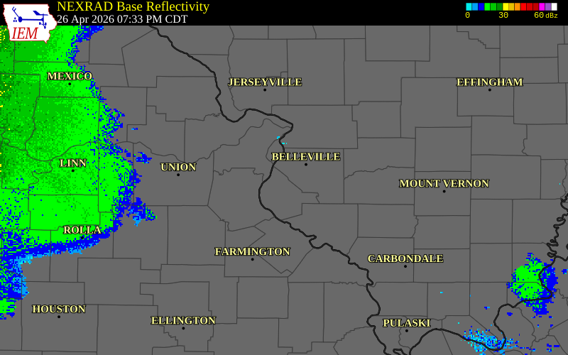NEXRAD radar during the Sunday, April 26, 2026 storm activity in Monroe County, Illinois