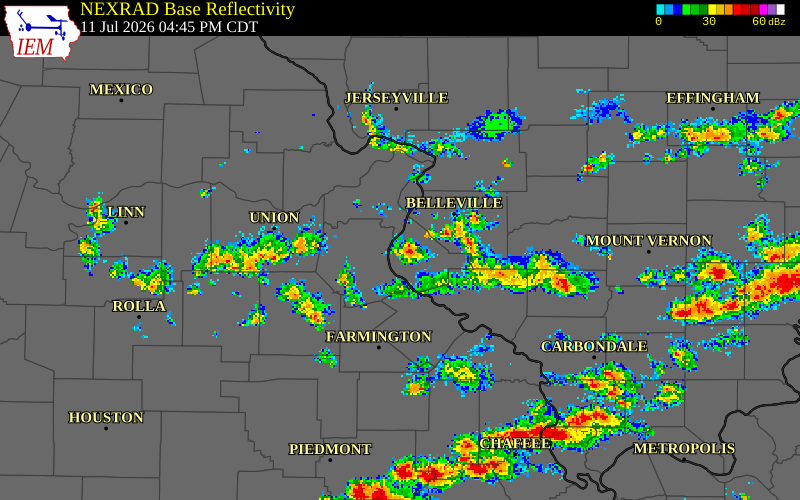 NEXRAD radar during the Saturday, July 11, 2026 storm activity in Monroe County, Illinois