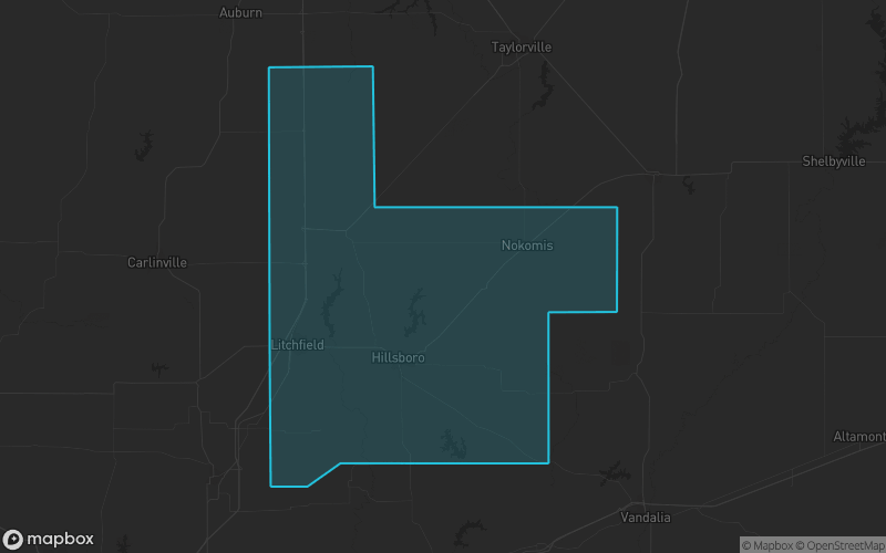 Map of Montgomery County, Illinois showing the county boundary and surrounding cities