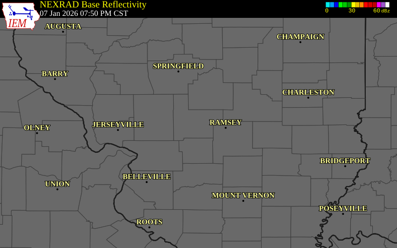 NEXRAD radar during the Wednesday, January 7, 2026 storm activity in Montgomery County, Illinois