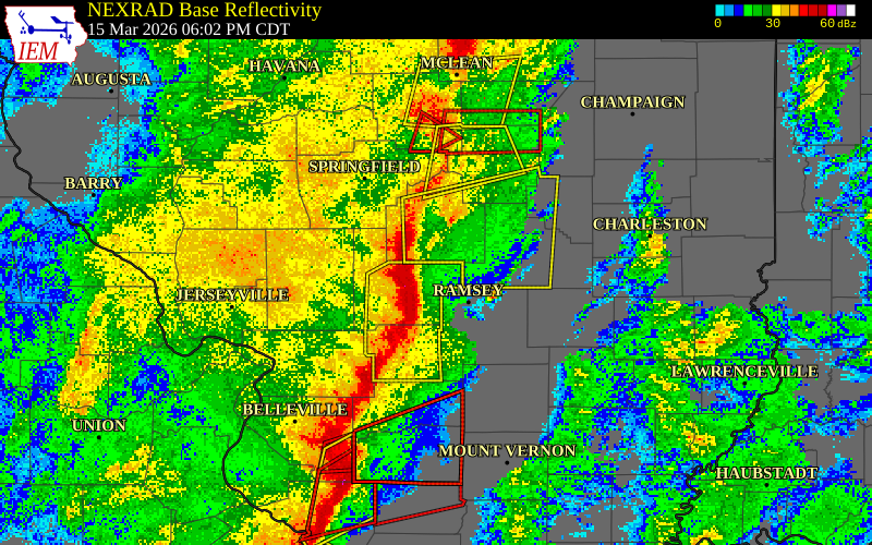 NEXRAD radar during the Sunday, March 15, 2026 storm activity in Montgomery County, Illinois