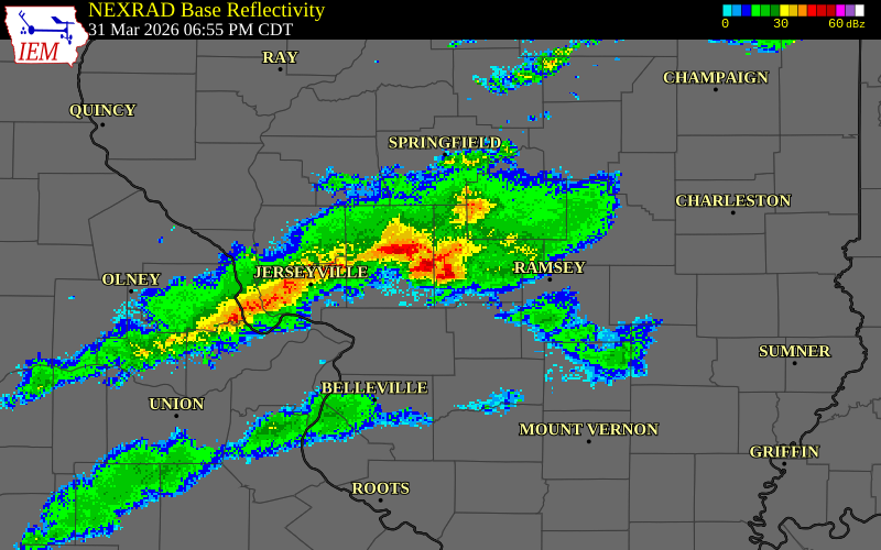 NEXRAD radar during the Tuesday, March 31, 2026 storm activity in Montgomery County, Illinois