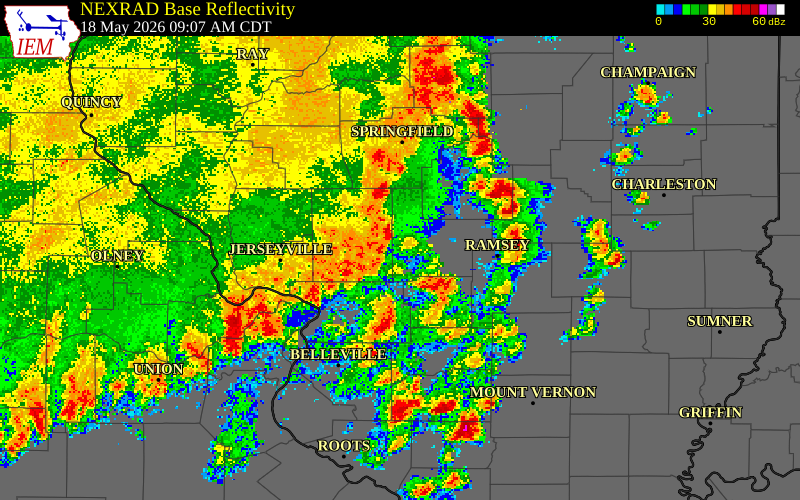 NEXRAD radar during the Monday, May 18, 2026 storm activity in Montgomery County, Illinois