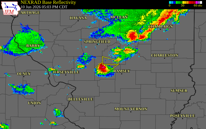 NEXRAD radar during the Wednesday, June 10, 2026 storm activity in Montgomery County, Illinois