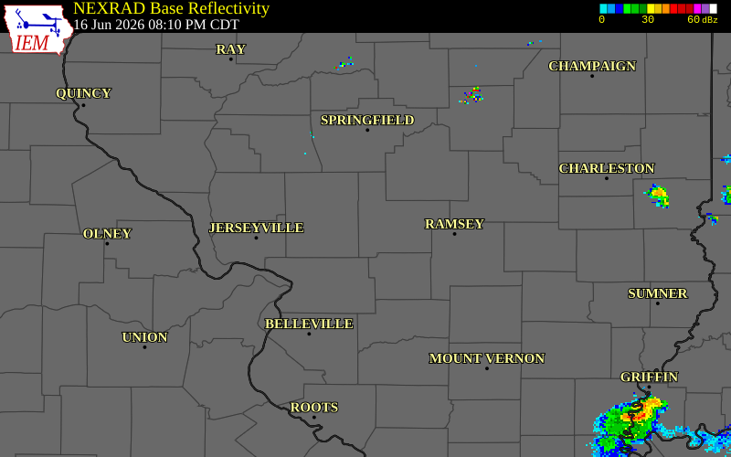 NEXRAD radar during the Tuesday, June 16, 2026 storm activity in Montgomery County, Illinois