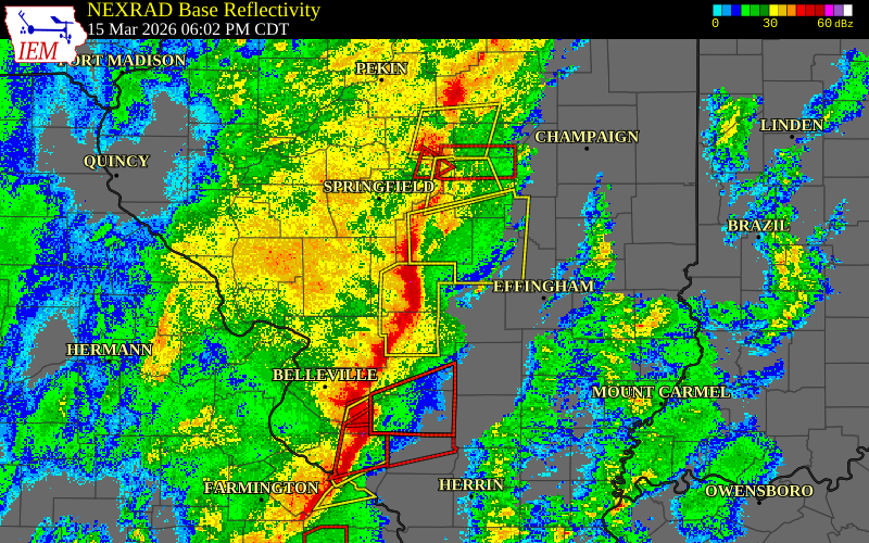 Radar snapshot during the Mar 15, 2026 tornado event near Nokomis, Montgomery County, Illinois, with NWS warning polygons