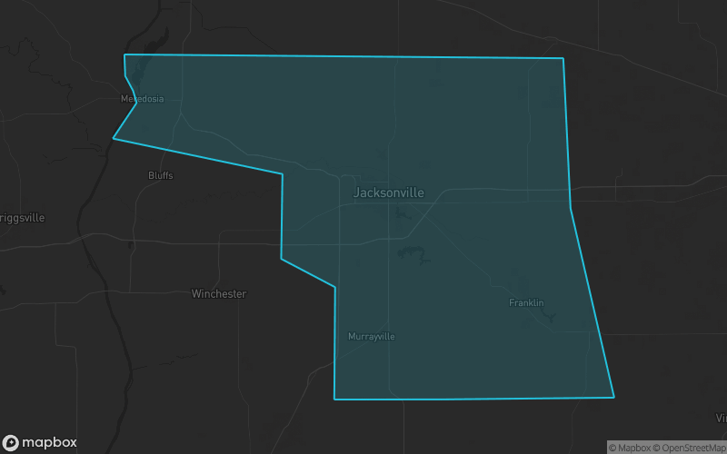 Map of Morgan County, Illinois showing the county boundary and surrounding cities