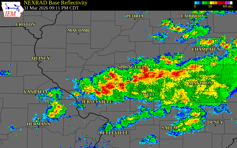 NEXRAD radar during the Tuesday, March 31, 2026 storm activity in Morgan County, Illinois