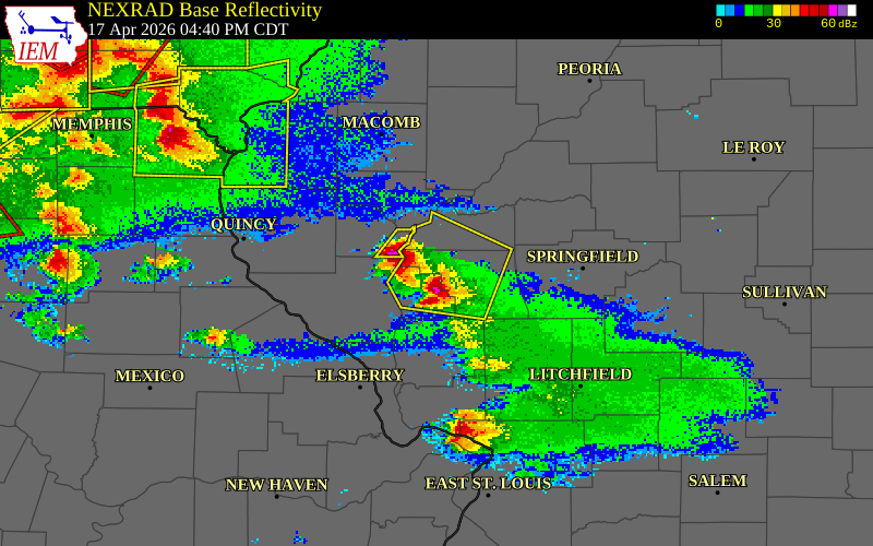 NEXRAD radar during the Friday, April 17, 2026 storm activity in Morgan County, Illinois