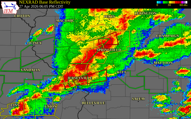 NEXRAD radar during the Monday, April 27, 2026 storm activity in Morgan County, Illinois