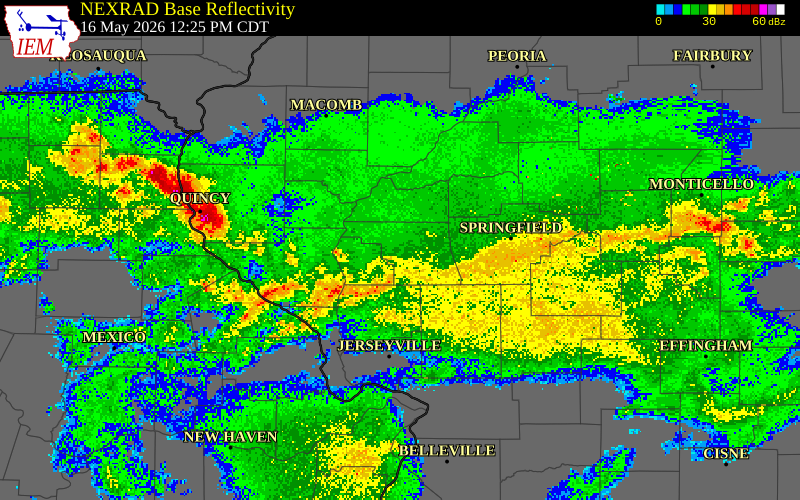NEXRAD radar during the Saturday, May 16, 2026 storm activity in Morgan County, Illinois