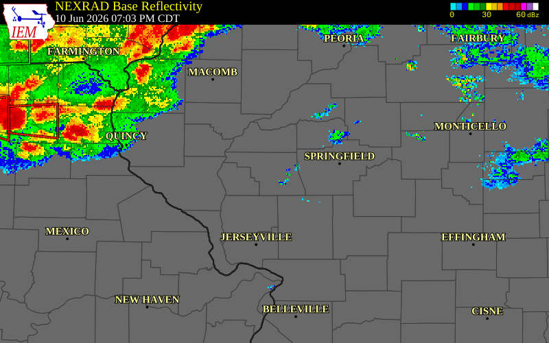 NEXRAD radar during the Wednesday, June 10, 2026 storm activity in Morgan County, Illinois