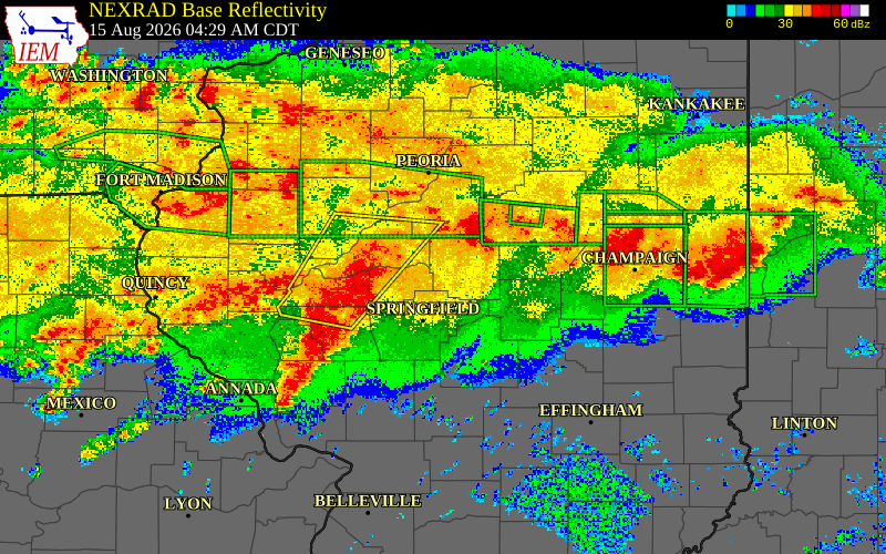 Radar snapshot during the Dec 18, 2025 wind event near Morgan County, Morgan County, Illinois, with NWS warning polygons