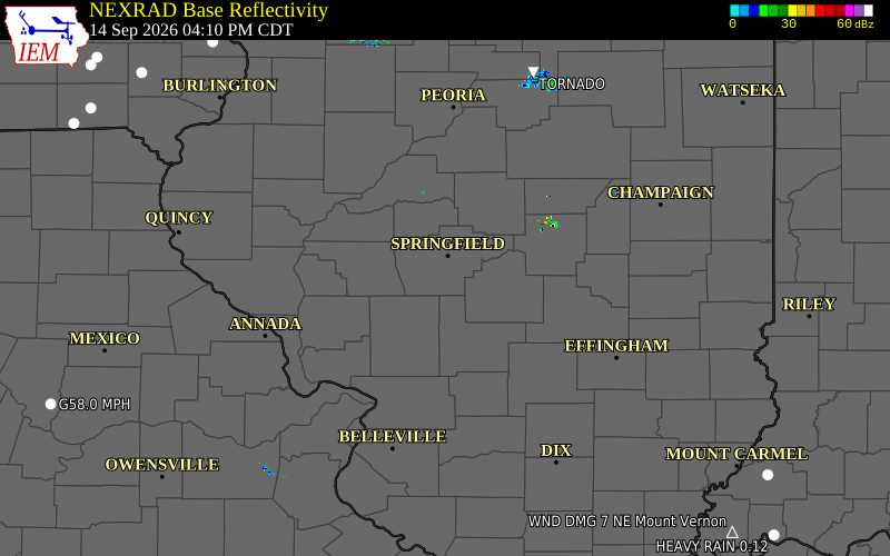 Current NEXRAD radar over Morgan County, Illinois with recent storm report locations
