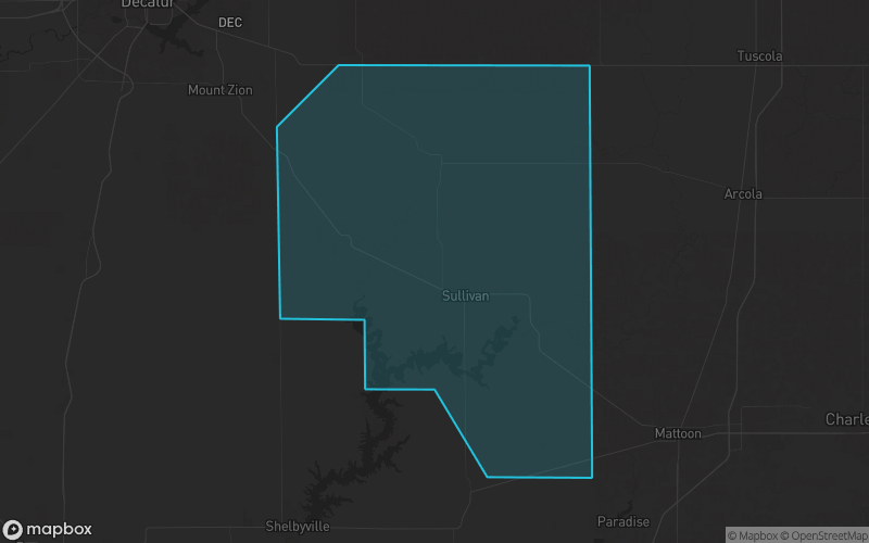 Map of Moultrie County, Illinois showing the county boundary and surrounding cities