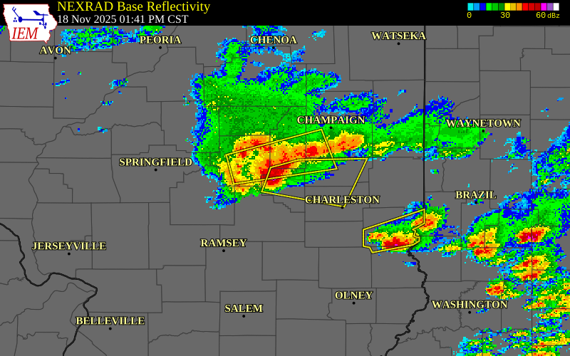 NEXRAD radar during the Tuesday, November 18, 2025 storm activity in Moultrie County, Illinois