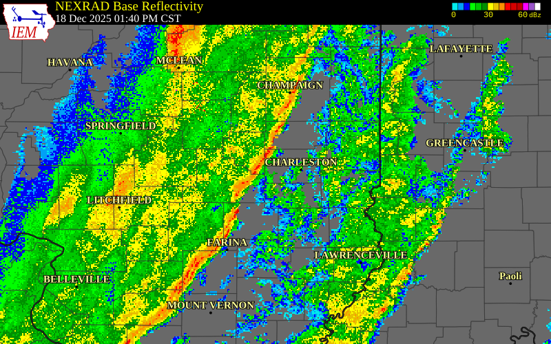 NEXRAD radar during the Thursday, December 18, 2025 storm activity in Moultrie County, Illinois