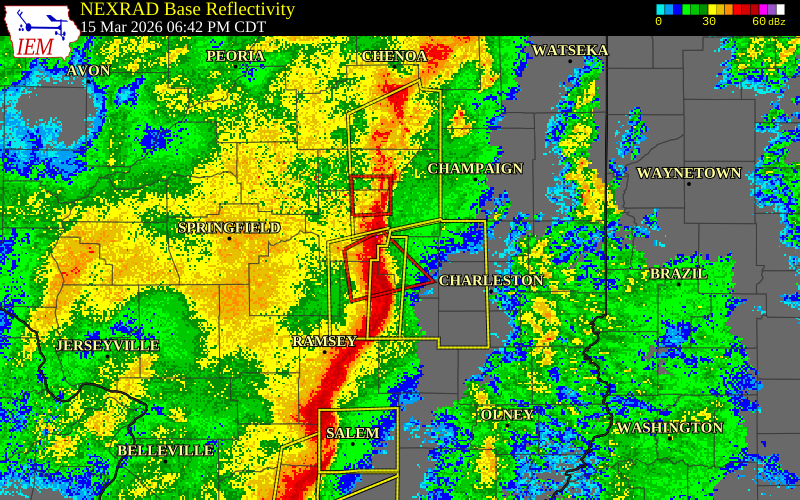 NEXRAD radar during the Sunday, March 15, 2026 storm activity in Moultrie County, Illinois