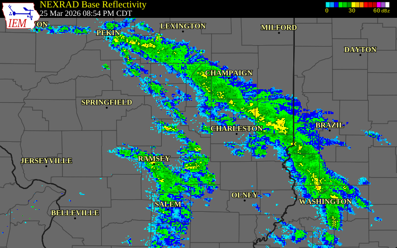 NEXRAD radar during the Wednesday, March 25, 2026 storm activity in Moultrie County, Illinois