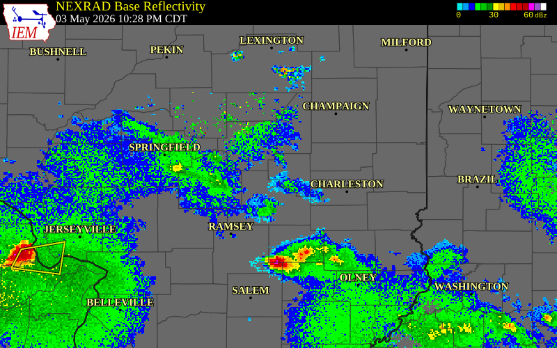 NEXRAD radar during the Sunday, May 3, 2026 storm activity in Moultrie County, Illinois